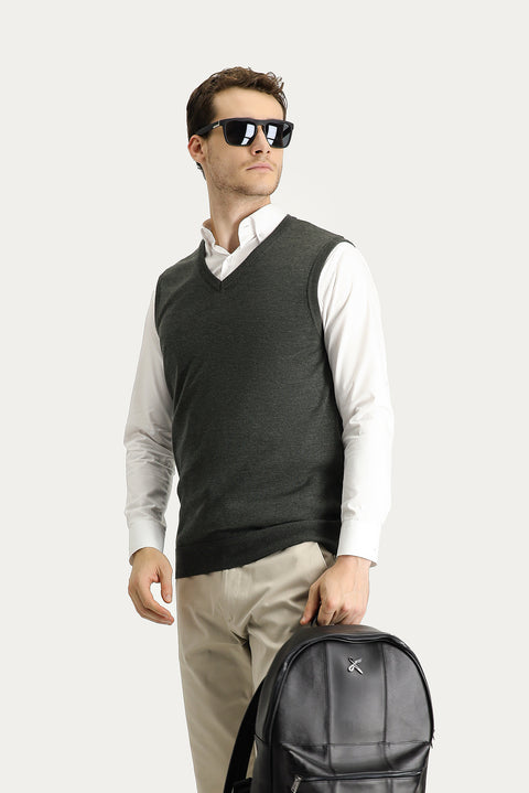 Dark Anthracite Melange V-Neck Cotton Knit Sweater