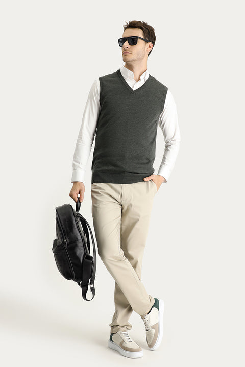 Dark Anthracite Melange V-Neck Cotton Knit Sweater