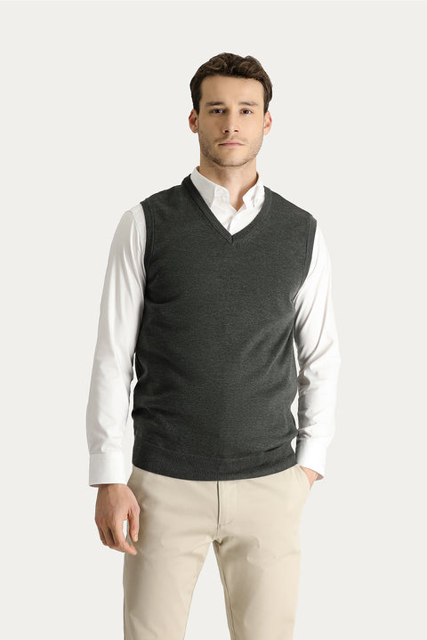 Dark Anthracite Melange V-Neck Cotton Knit Sweater