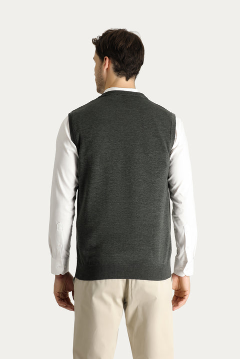 Dark Anthracite Melange V-Neck Cotton Knit Sweater
