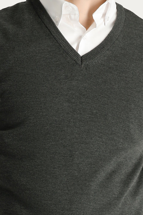 Dark Anthracite Melange V-Neck Cotton Knit Sweater