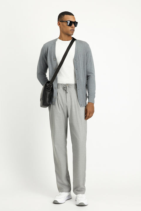 Medium Grey Melange Slim Fit Narrow Cut Cotton Knit Cardigan