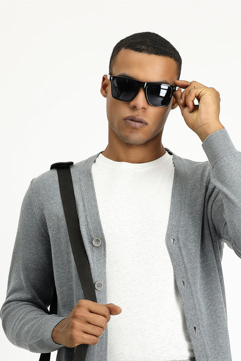 Medium Grey Melange Slim Fit Narrow Cut Cotton Knit Cardigan