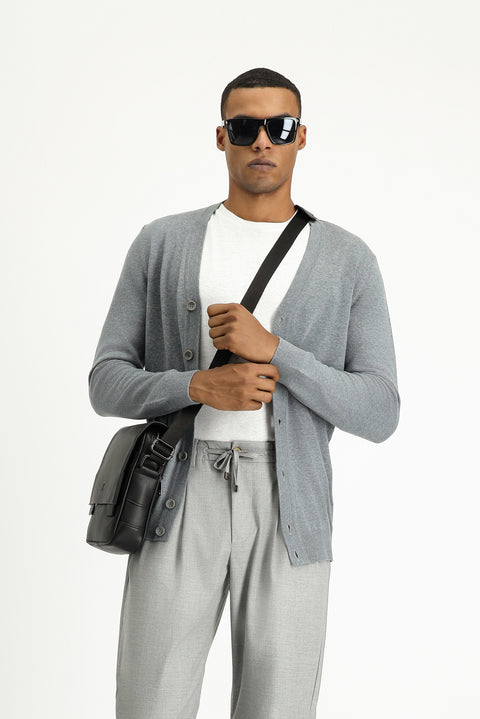 Medium Grey Melange Slim Fit Narrow Cut Cotton Knit Cardigan