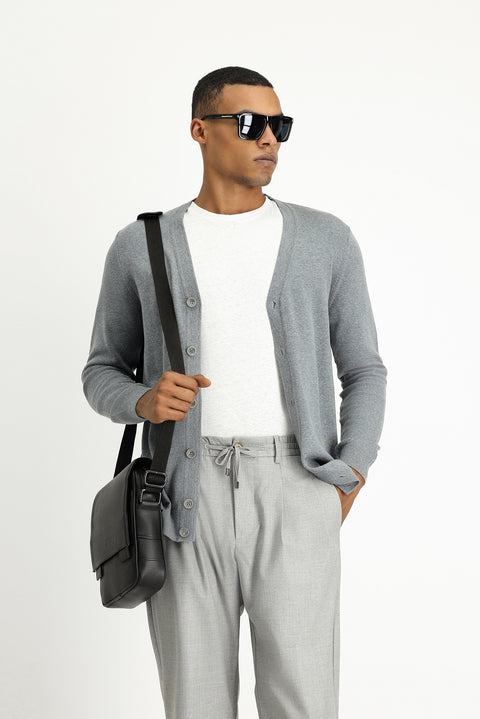 Medium Grey Melange Slim Fit Narrow Cut Cotton Knit Cardigan