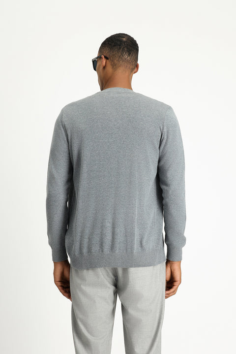 Medium Grey Melange Slim Fit Narrow Cut Cotton Knit Cardigan
