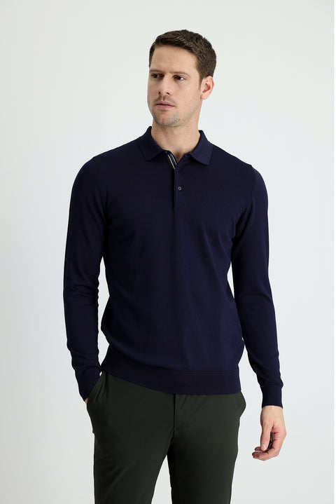 Dark Navy Polo Collar Slim Fit Narrow Cut Knit Sweater