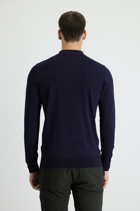 Dark Navy Polo Collar Slim Fit Narrow Cut Knit Sweater