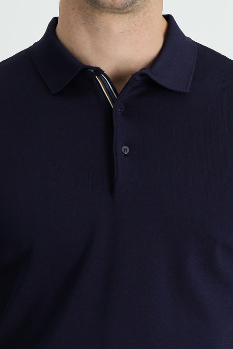 Dark Navy Polo Collar Slim Fit Narrow Cut Knit Sweater