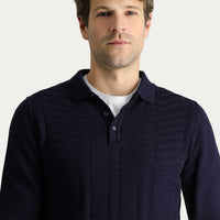 Dark Navy Polo Collar Regular Fit Patterned Cotton Knit Sweater