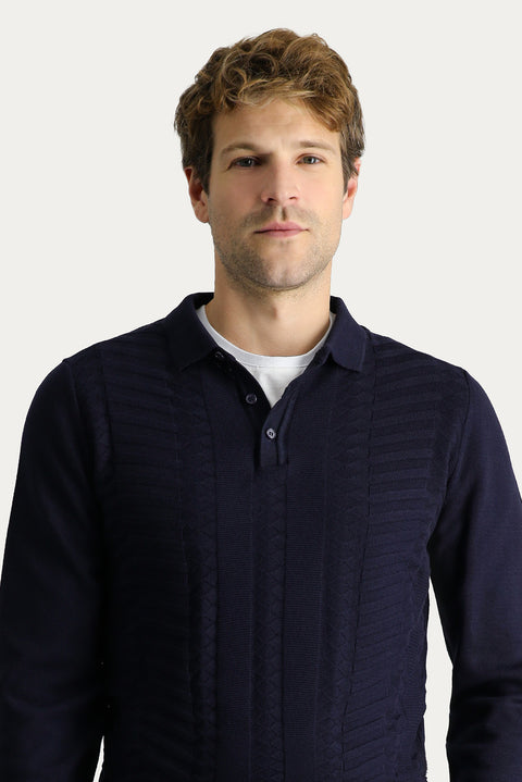 Dark Navy Polo Collar Regular Fit Patterned Cotton Knit Sweater
