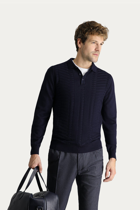 Dark Navy Polo Collar Regular Fit Patterned Cotton Knit Sweater