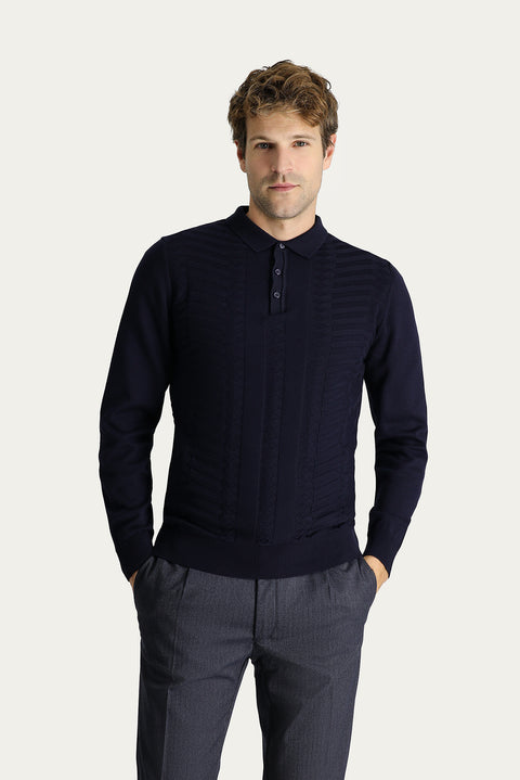Dark Navy Polo Collar Regular Fit Patterned Cotton Knit Sweater