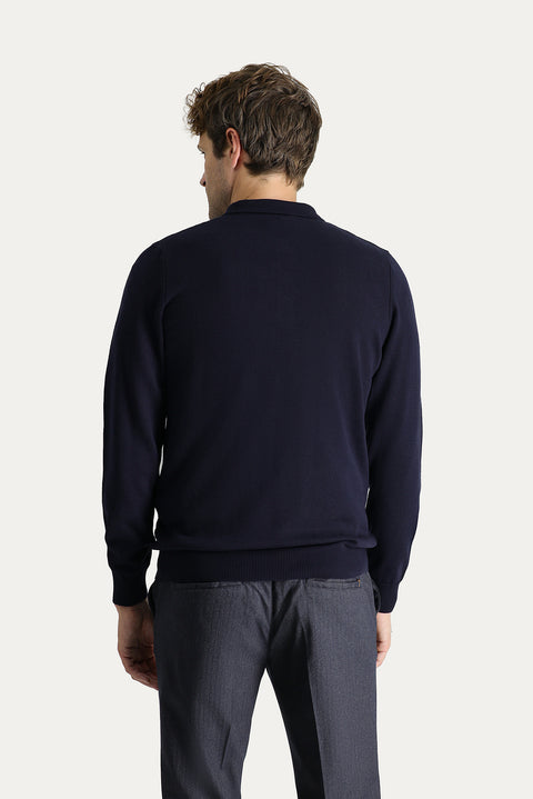 Dark Navy Polo Collar Regular Fit Patterned Cotton Knit Sweater