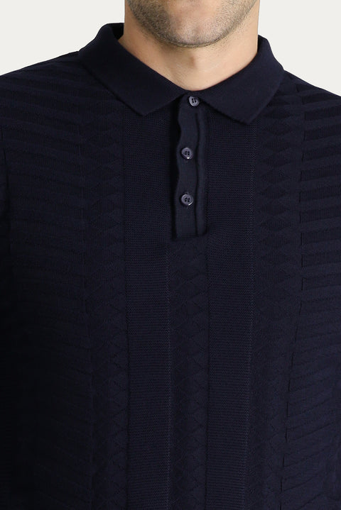Dark Navy Polo Collar Regular Fit Patterned Cotton Knit Sweater