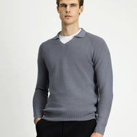 Medium Grey Melange Polo Collar Slim Fit Narrow Cut Patterned Cotton Wool Knit Sweater