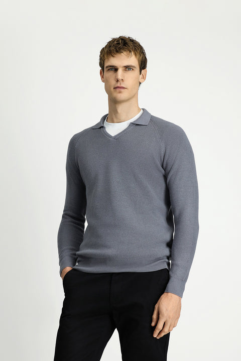 Medium Grey Melange Polo Collar Slim Fit Narrow Cut Patterned Cotton Wool Knit Sweater