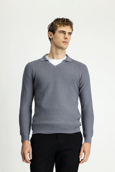 Medium Grey Melange Polo Collar Slim Fit Narrow Cut Patterned Cotton Wool Knit Sweater