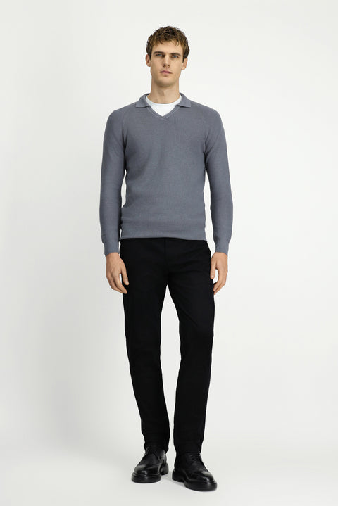 Medium Grey Melange Polo Collar Slim Fit Narrow Cut Patterned Cotton Wool Knit Sweater