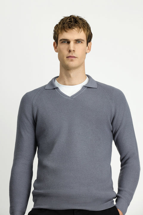 Medium Grey Melange Polo Collar Slim Fit Narrow Cut Patterned Cotton Wool Knit Sweater
