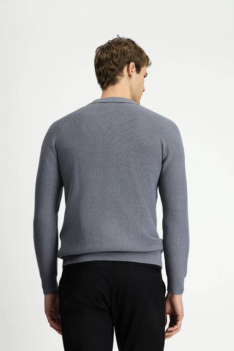 Medium Grey Melange Polo Collar Slim Fit Narrow Cut Patterned Cotton Wool Knit Sweater