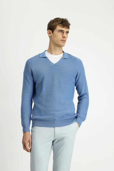 Havacı Mavi Polo Yaka Slim Fit Dar Kesim Desenli Pamuklu Yünlü Triko Kazak