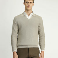 Medium Mink Polo Collar Slim Fit Narrow Cut Patterned Cotton Wool Knit Sweater