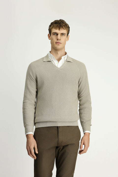 Medium Mink Polo Collar Slim Fit Narrow Cut Patterned Cotton Wool Knit Sweater