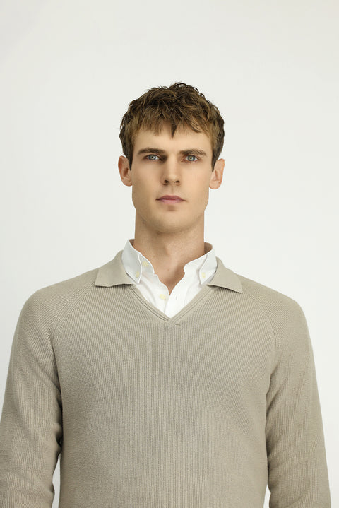Medium Mink Polo Collar Slim Fit Narrow Cut Patterned Cotton Wool Knit Sweater