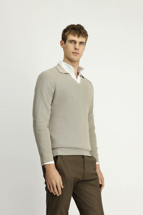 Medium Mink Polo Collar Slim Fit Narrow Cut Patterned Cotton Wool Knit Sweater