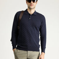 Dark Navy Polo Collar Slim Fit Patterned Wool Knit Sweater