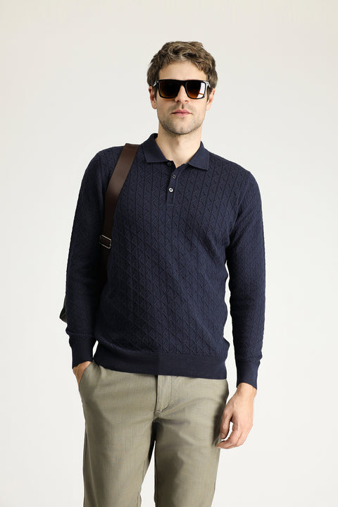 Dark Navy Polo Collar Slim Fit Patterned Wool Knit Sweater