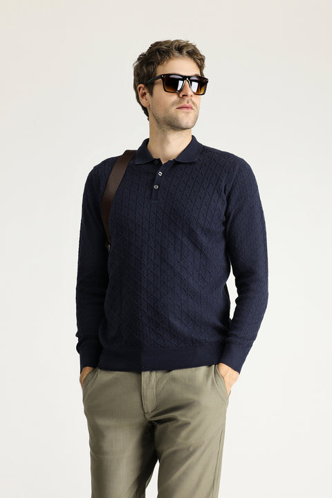 Dark Navy Polo Collar Slim Fit Patterned Wool Knit Sweater