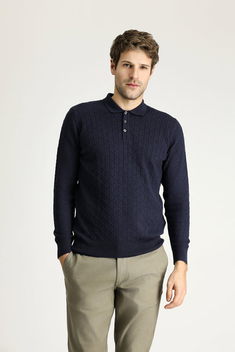 Dark Navy Polo Collar Slim Fit Patterned Wool Knit Sweater