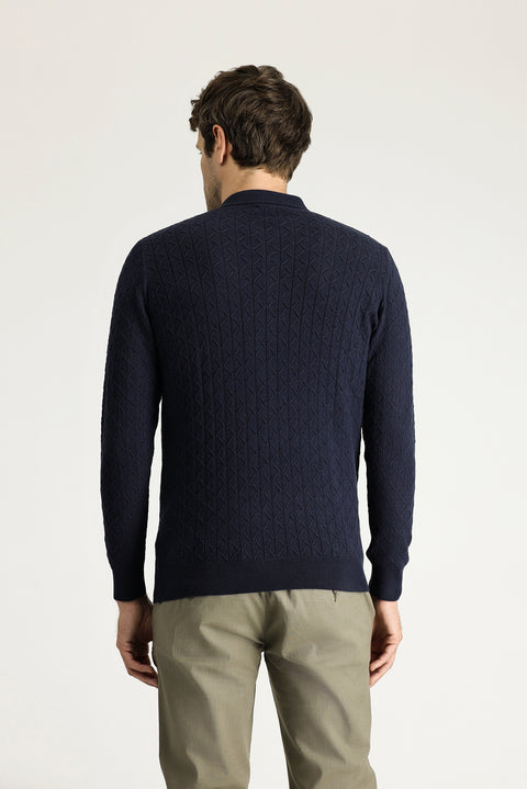 Dark Navy Polo Collar Slim Fit Patterned Wool Knit Sweater