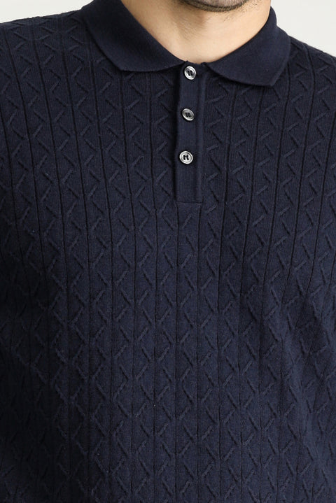 Dark Navy Polo Collar Slim Fit Patterned Wool Knit Sweater