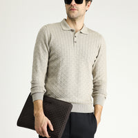 Medium Mink Slim Fit Patterned Wool-Cotton Knit Sweater with Polo Collar