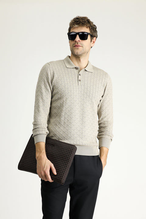 Medium Mink Slim Fit Patterned Wool-Cotton Knit Sweater with Polo Collar