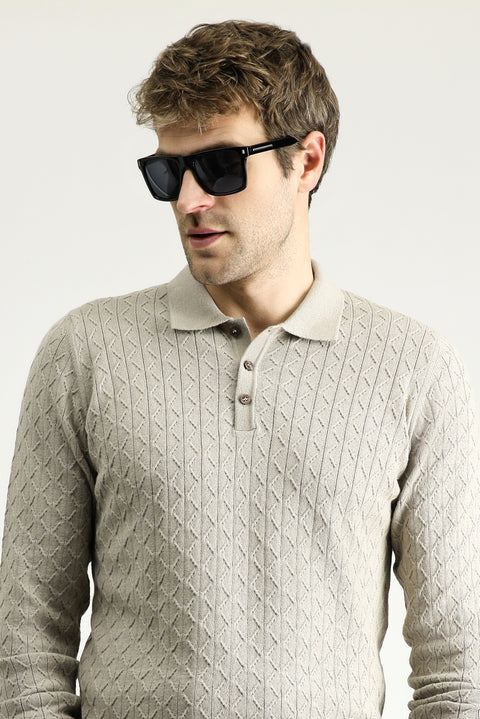 Medium Mink Slim Fit Patterned Wool-Cotton Knit Sweater with Polo Collar