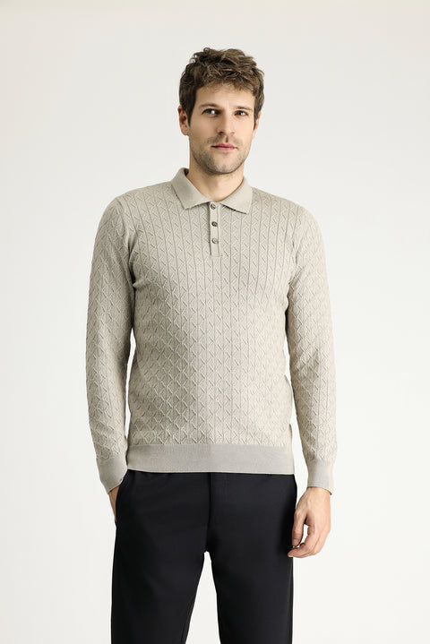 Medium Mink Slim Fit Patterned Wool-Cotton Knit Sweater with Polo Collar