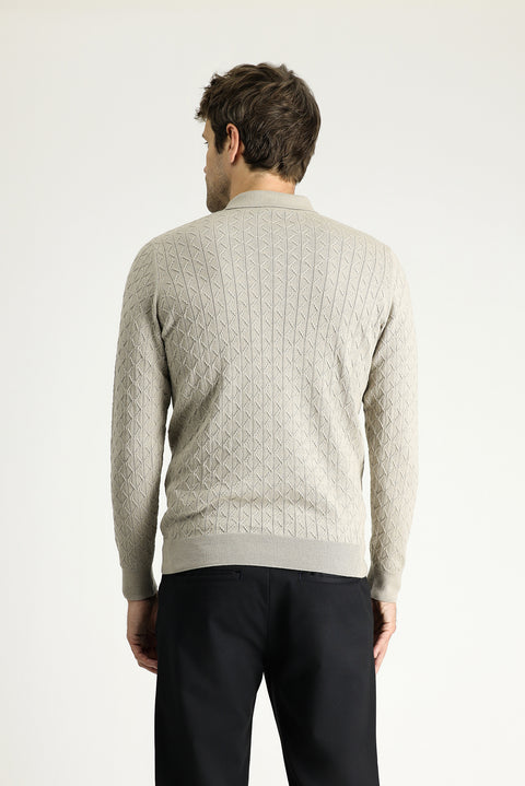 Medium Mink Slim Fit Patterned Wool-Cotton Knit Sweater with Polo Collar
