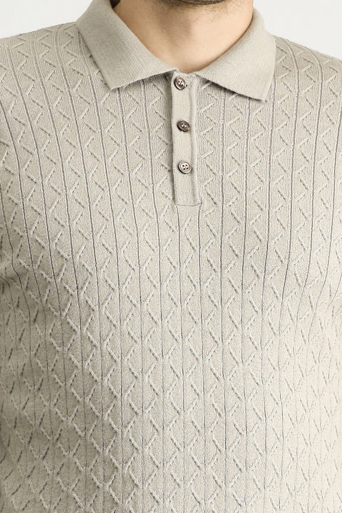 Medium Mink Slim Fit Patterned Wool-Cotton Knit Sweater with Polo Collar