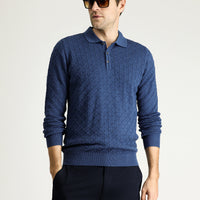 Indigo Polo Collar Slim Fit Patterned Wool Knit Sweater