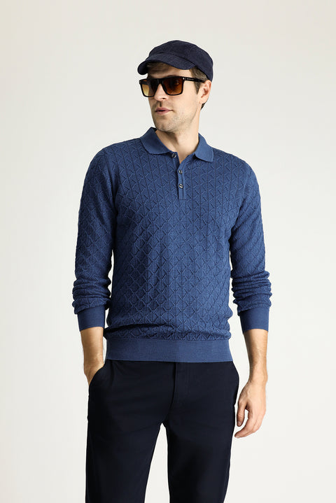 Indigo Polo Collar Slim Fit Patterned Wool Knit Sweater