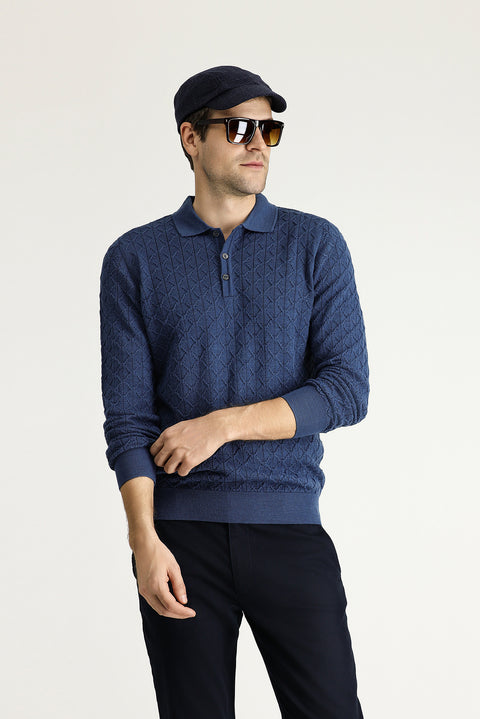 Indigo Polo Collar Slim Fit Patterned Wool Knit Sweater