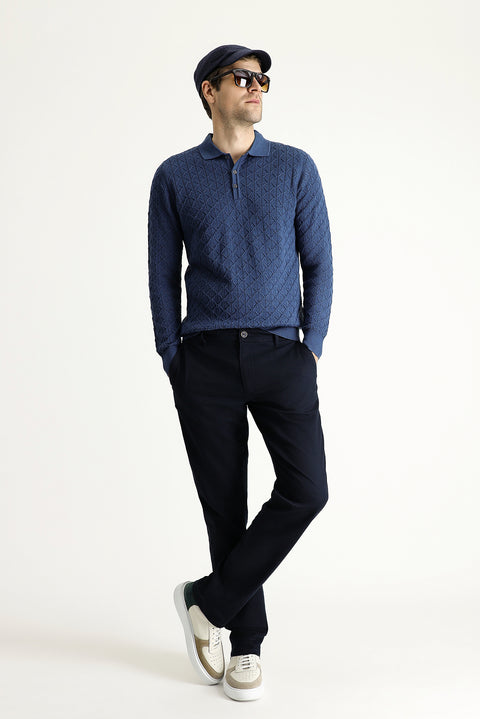 Indigo Polo Collar Slim Fit Patterned Wool Knit Sweater