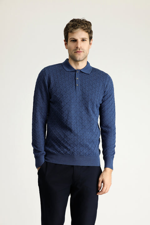 Indigo Polo Collar Slim Fit Patterned Wool Knit Sweater
