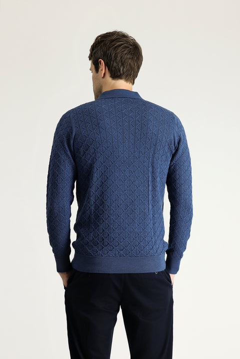 Indigo Polo Collar Slim Fit Patterned Wool Knit Sweater