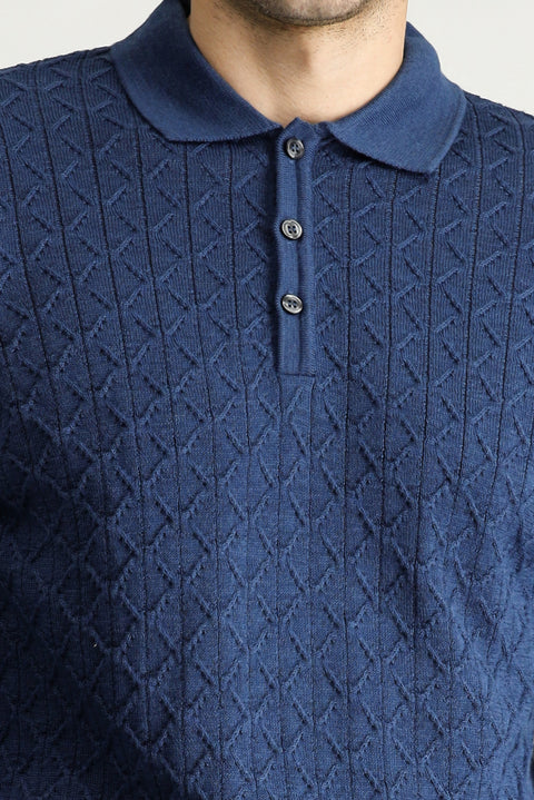 Indigo Polo Collar Slim Fit Patterned Wool Knit Sweater