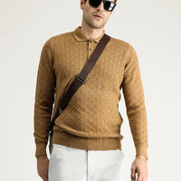 Camel Polo Collar Slim Fit Patterned Wool Knit Sweater